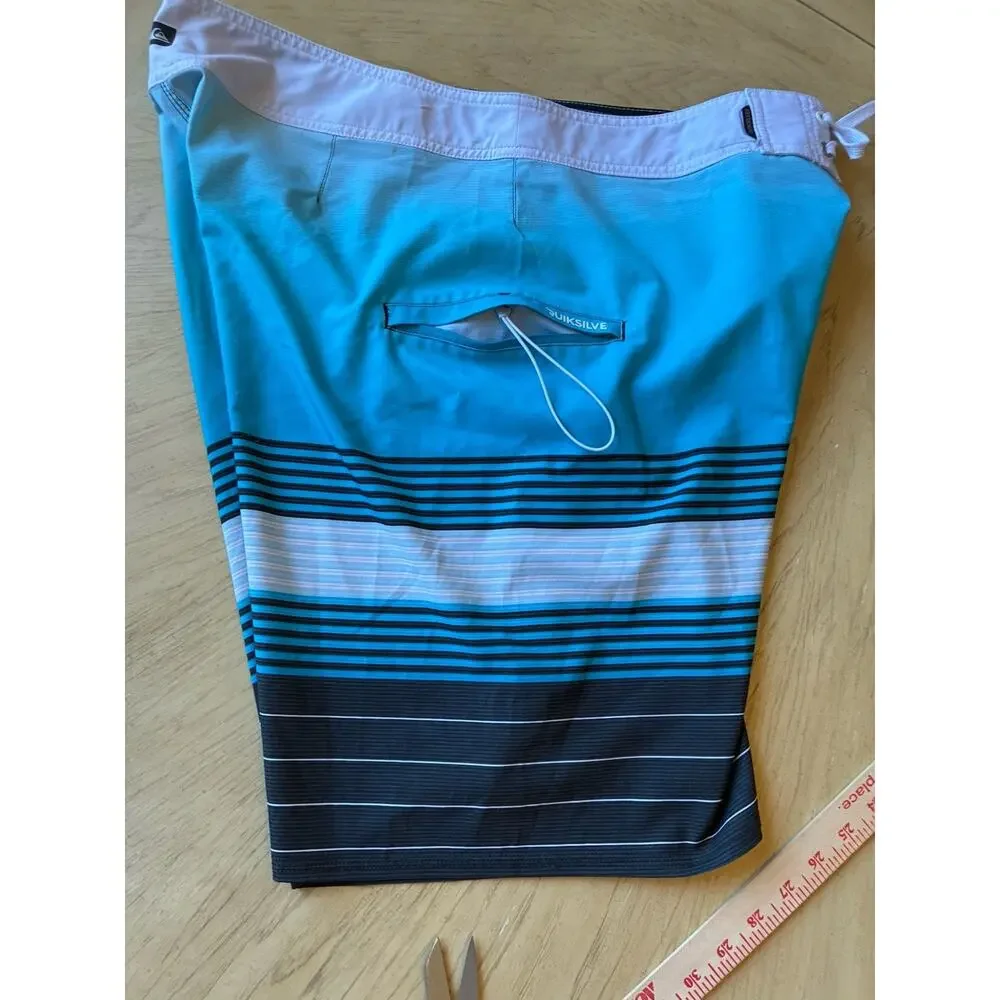 Quiksilver Board Shorts Mens 36 Blue Stripes Black Swim Trunks Beach Surf Retro